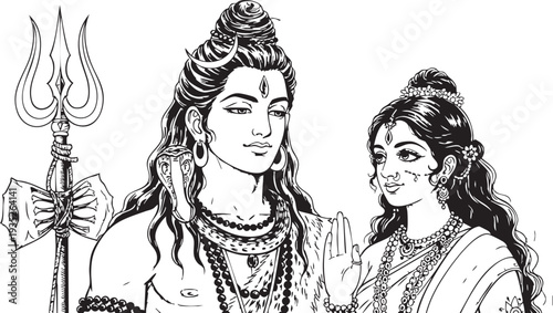 Shiva and Parvati Hindu Deities Illustration.