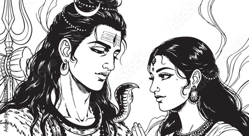 Lord Shiva and Parvati Illustration Closeup Faces.