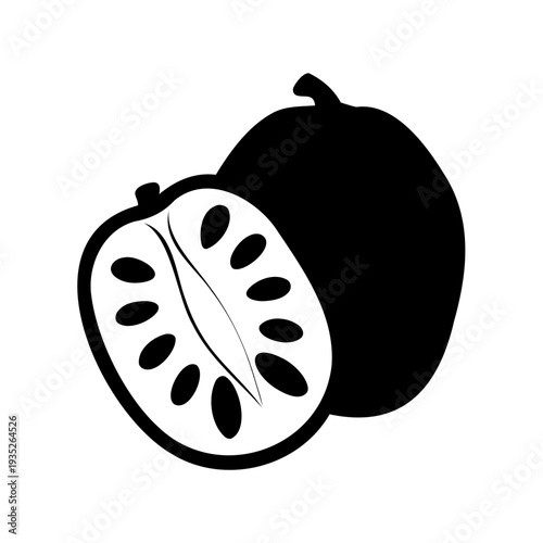 Minimalist graphic representation of two cherimoya fruits with one sliced