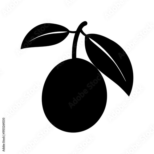 Graphic illustration of a single orange fruit on stem with leaves