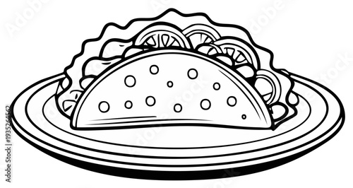 Black and White Illustration of a Delicious Taco with Toppings on a Plate