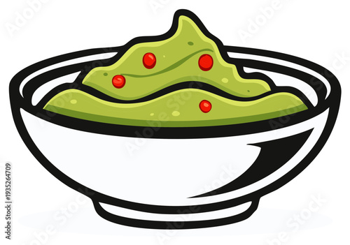 Bowl of guacamole topped with red pepper seeds. Avocado dip with spicy seeds. Appetizing guacamole, healthy food, snack vector illustration.