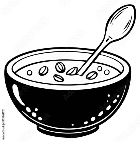 Bowl of Soup with Spoon a Simple Black and White Illustration of Comfort Food