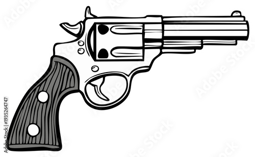 Vintage Revolver Handgun Illustration Featuring a Gray Handle and Chrome Finish with Detailed Shading and Bold Outlines for a Classic Design