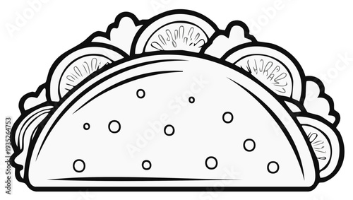 Outlined illustration of a taco filled with tomato and lettuce