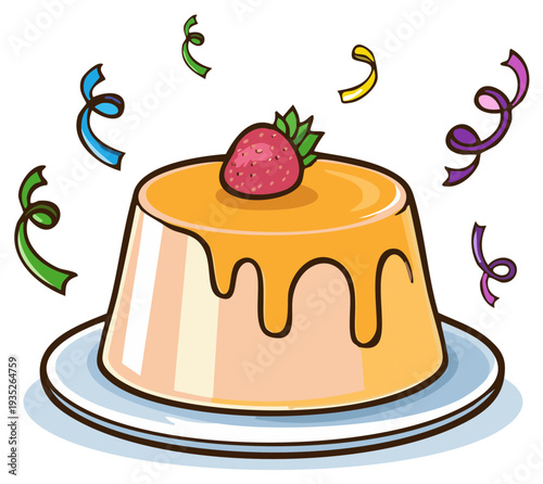 Sweet caramel flan dessert with fresh strawberry and festive celebration ribbons