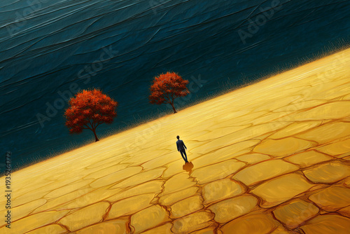 Surreal Landscape of Businessman Walking on Cracked Golden Desert Under Dark Blue Sky with Red Trees