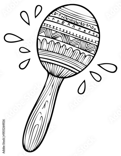 Line art maraca illustration for print and design, musical instrument doodle with graphic pattern and rhythm marks