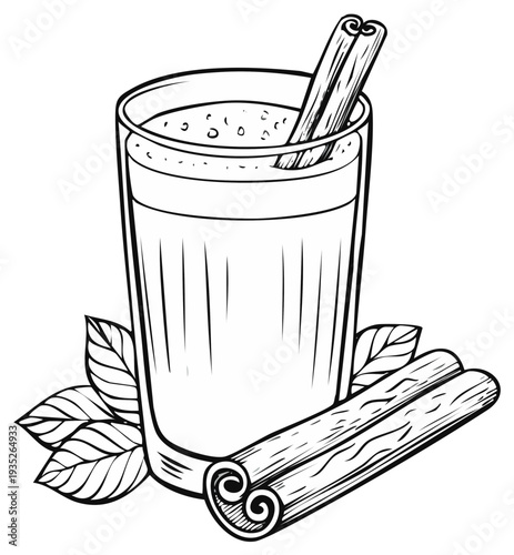 Chai Tea Latte Illustration, Hand-Drawn Black and White, Spicy Warm Drink