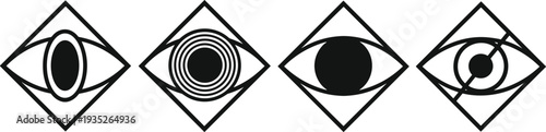 Vector collection of eye icons in diamond shapes, vision and security symbols, surveillance and visibility icons for web design interface