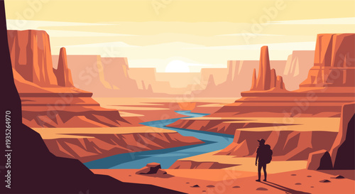 Illustrated image shows a hiker enjoying a scenic view of a canyon with a river flowing through it at sunset, rendered in a stylized, graphic design, suitable for travel or adventure themes.