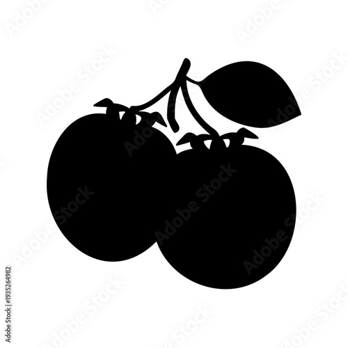 Minimalist black and white silhouette of two tangerines with a single leaf