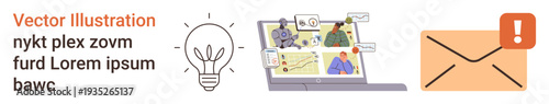 Creativity, communication, innovation, teamwork, remote work, project management. Laptop with charts, light bulb envelope with alert symbol. Creativity and communication concept