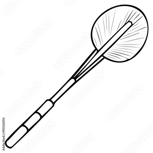 Stylized black and white outline of a hand fan with a long handle.