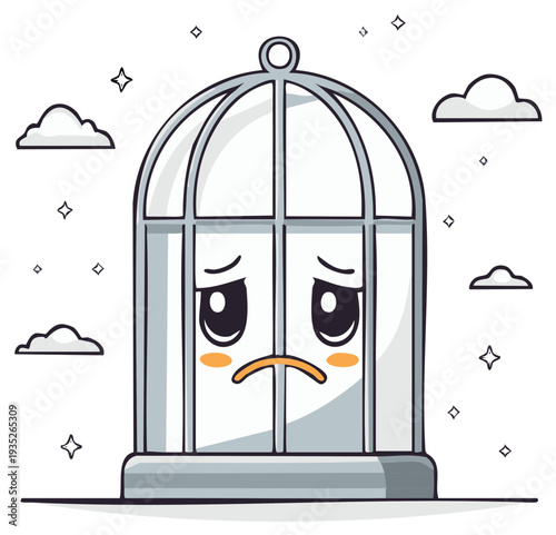 Sad cartoon birdcage icon illustration with kawaii face, unhappy emotion, imprisonment metaphor, clouds and stars around cage