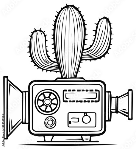 Cactus growing out of a retro movie camera illustration