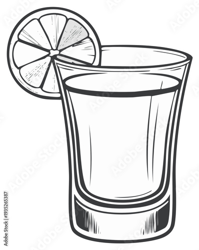 Stylized shot glass illustration filled with a clear liquid garnished with a slice of citrus for use in menus or advertising
