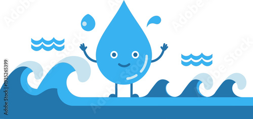 Cheerful Blue Water Drop Character Standing on Stylized Waves - A Symbol of Freshness, Hydration, and Global Water Conservation Awareness