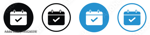 Calendar checkmark icon set in black and blue colors. Symbol for completed tasks, appointment confirmation, scheduled events, and time management success. Vector illustration on white background.