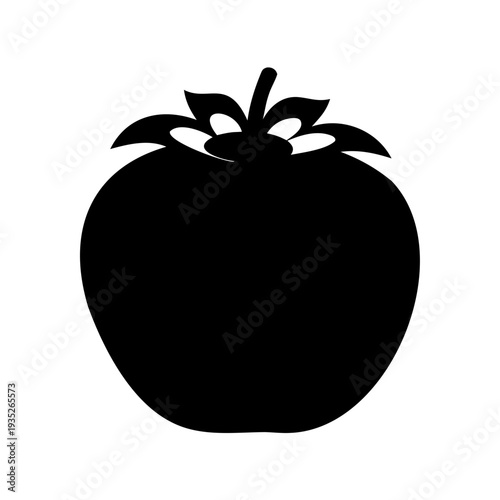 Silhouette of a ripe juicy tomato with leaves against white backdrop