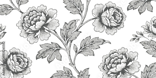 Vintage seamless floral pattern with hand-drawn roses and leaves in engraving style monochrome vector illustration for textile design