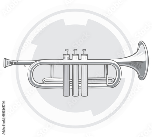 Illustration of a silver trumpet musical instrument with detail against a gray background.