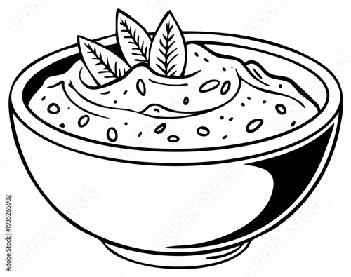 Vector bowl filled with dip garnished with basil leaves ready to serve