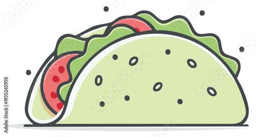 Delicious cartoon taco with fresh lettuce and tomato filling. Wholesome meal concept. Isolated illustration.