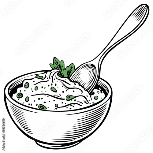 Bowl of Dip or Spread with Spoon and Green Herbs Illustration