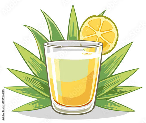 Illustration of a cocktail with agave plant leaves and citrus fruit, drink concept