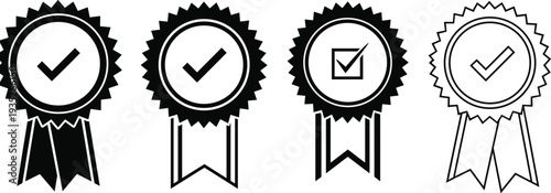Vector collection of quality seal icons, winner ribbon silhouettes, guarantee stamp symbols, and certification award badges for business and marketing
