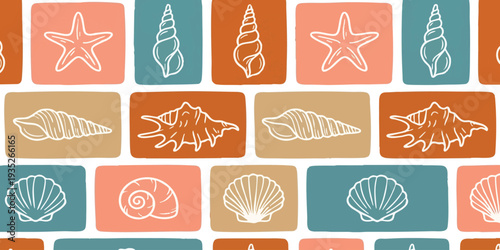 Hand-drawn sea shell and starfish vector pattern on colorful square tiles for nautical summer beach backgrounds and banners