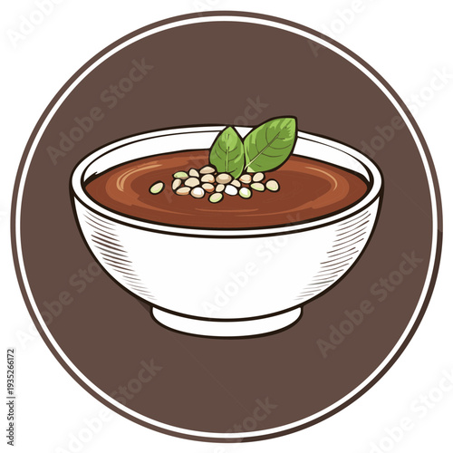 Delicious bowl of hearty lentil soup topped with fresh basil leaves and white beans, illustrated in a vintage sketch style.
