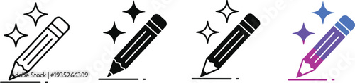 Vector collection of pencil icons with sparkles, creative writing tools, drawing symbols, edit button elements, and graphic design inspiration line art
