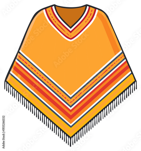 Traditional Colorful Poncho with Fringe and Striped Pattern Vector Illustration