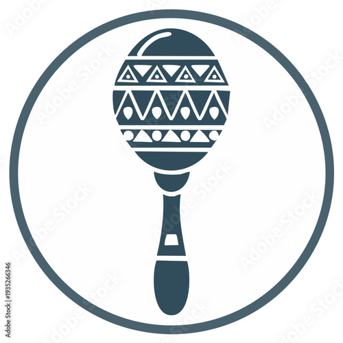 Stylized maraca musical instrument with traditional geometric pattern inside a circular frame