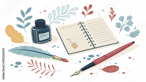 Vintage writing tools and notebook with colorful leaves
