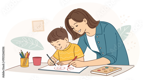 mother and son drawing