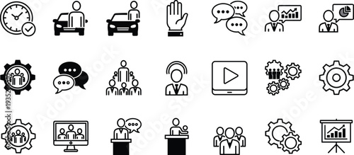 Business Communication and Management Icon Set with Meeting, Presentation, Teamwork, Support and Workflow Symbols Vector Collection