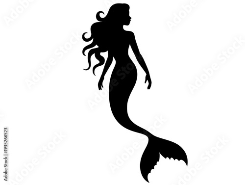 Beautiful mermaid silhouette with long flowing hair and graceful tail, mythical sea creature underwater vector illustration