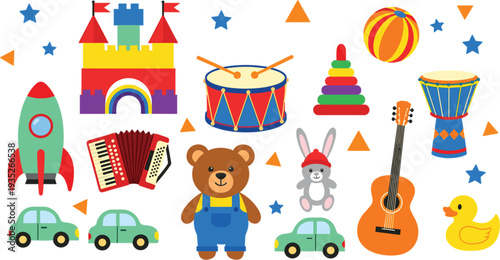 Kids Toys Collection Vector Set with Teddy Bear Rocket Drum Guitar Cars and Educational Play Elements
