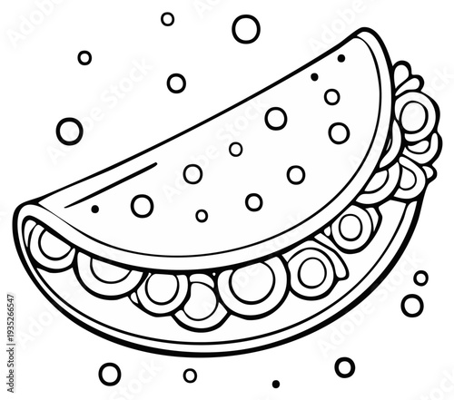 Black and white illustration of a delicious taco with fillings
