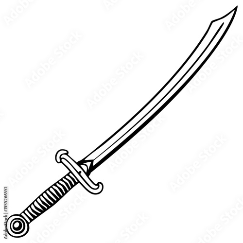 Ink drawing of a curved saber sword with decorative hilt, isolated on white