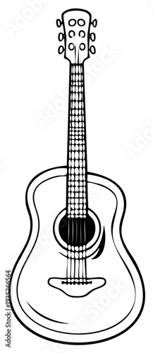 Striking black and white illustration of a six-string acoustic guitar outline