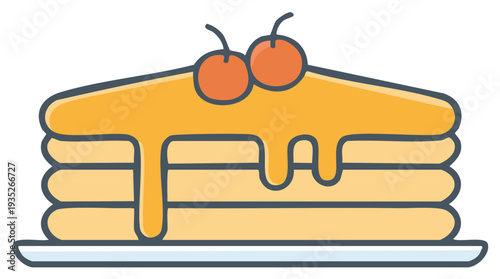 Cartoon illustration of stacked pancakes drizzled with sweet syrup and topped with fresh cherries
