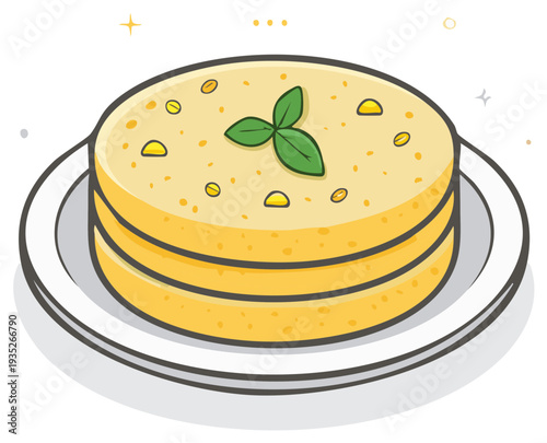 Delicious layered yellow dessert with corn kernels and fresh green herb garnish served on a white plate