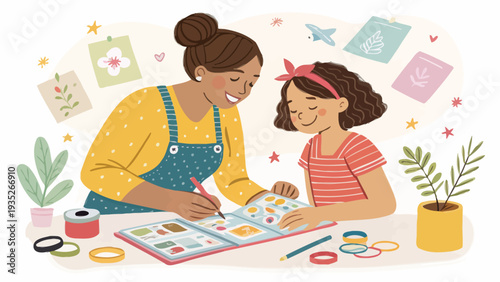 Woman and girl creating art together with colorful supplies