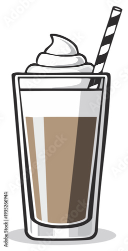 Tall glass of iced coffee with whipped cream and straw