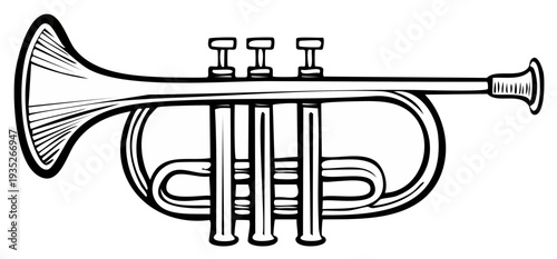 Illustration of a Trumpet Musical Instrument in Black and White Outline
