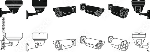 Security Camera CCTV Icon Set with Surveillance Monitoring System Devices in Solid and Outline Vector Collection